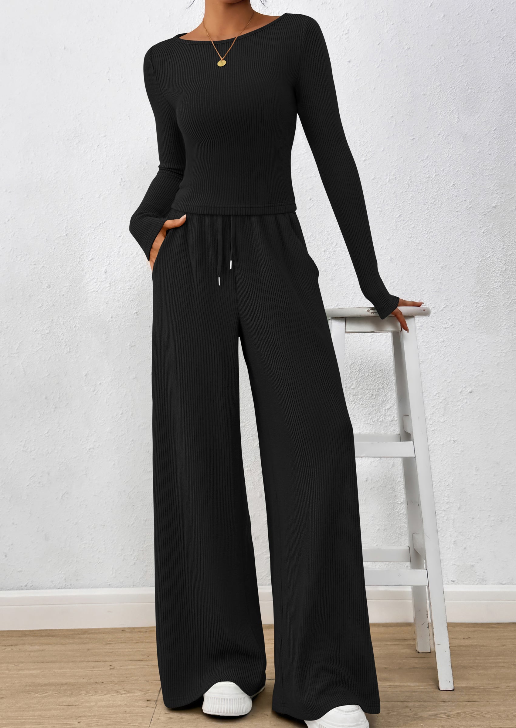 PRETTYGARDEN Women's 2 Piece Lounge Sets Fall Fashion Long Sleeve Crop Top Wide Leg Pants Matching Sets Clothing