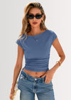 PRETTYGARDEN Women's Ruched Crop Tank Tops Summer Trendy Cap Sleeve Ribbed Knit Basic Fitted Going Out Tee Shirts
