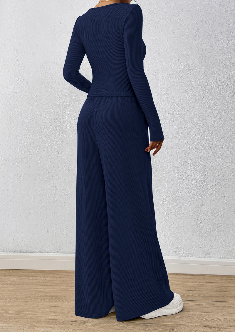 PRETTYGARDEN Women's 2 Piece Lounge Sets Fall Fashion Long Sleeve Crop Top Wide Leg Pants Matching Sets Clothing