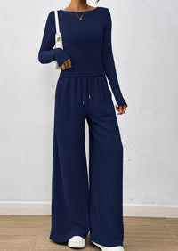 PRETTYGARDEN Women's 2 Piece Lounge Sets Fall Fashion Long Sleeve Crop Top Wide Leg Pants Matching Sets Clothing