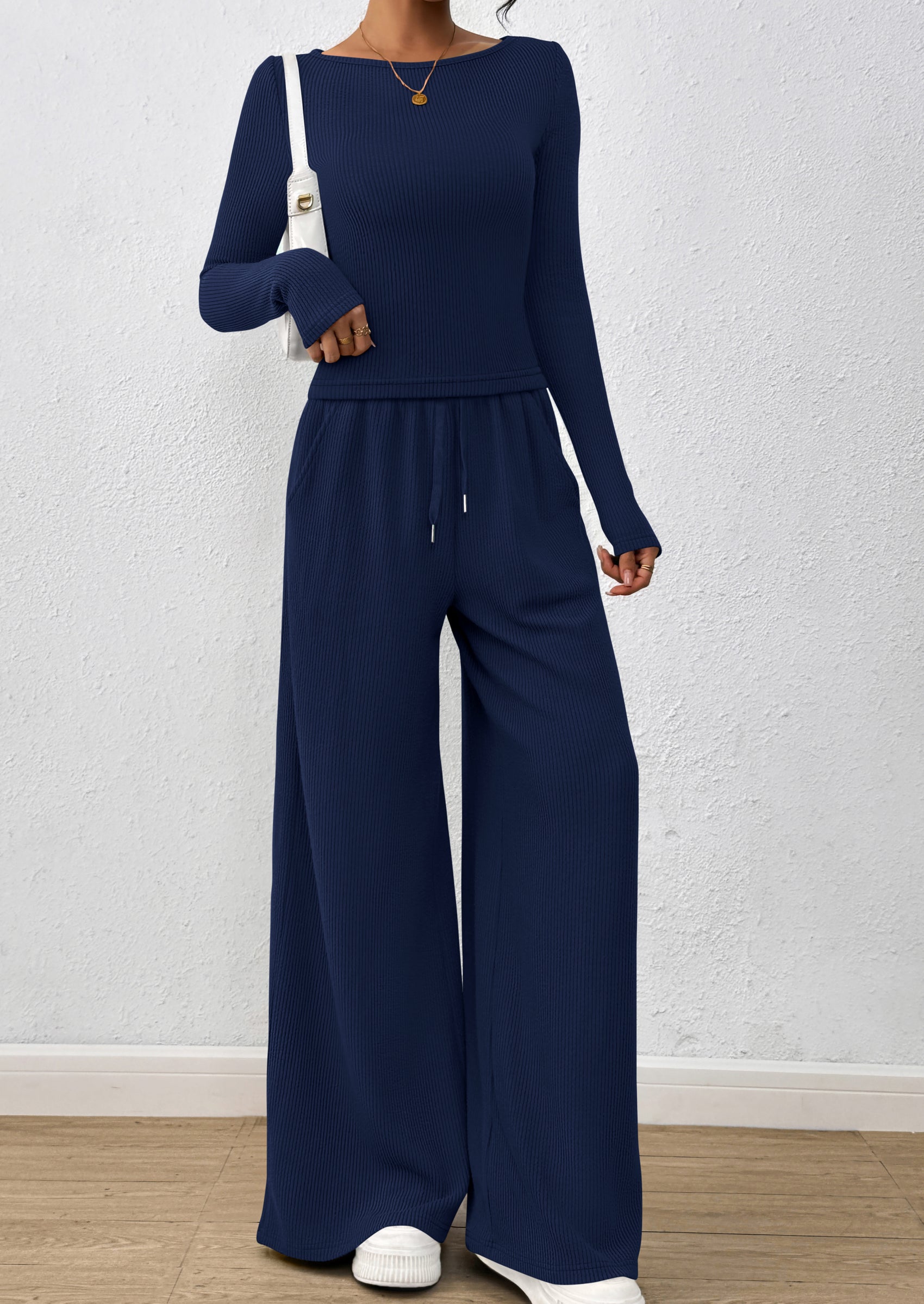 PRETTYGARDEN Women's 2 Piece Lounge Sets Fall Fashion Long Sleeve Crop Top Wide Leg Pants Matching Sets Clothing