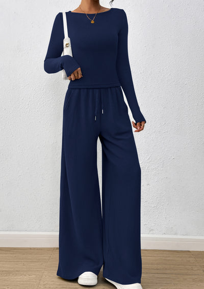 PRETTYGARDEN Women's 2 Piece Lounge Sets Fall Fashion Long Sleeve Crop Top Wide Leg Pants Matching Sets Clothing