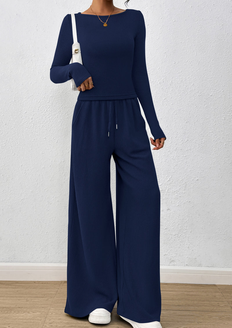 PRETTYGARDEN Women's 2 Piece Lounge Sets Fall Fashion Long Sleeve Crop Top Wide Leg Pants Matching Sets Clothing