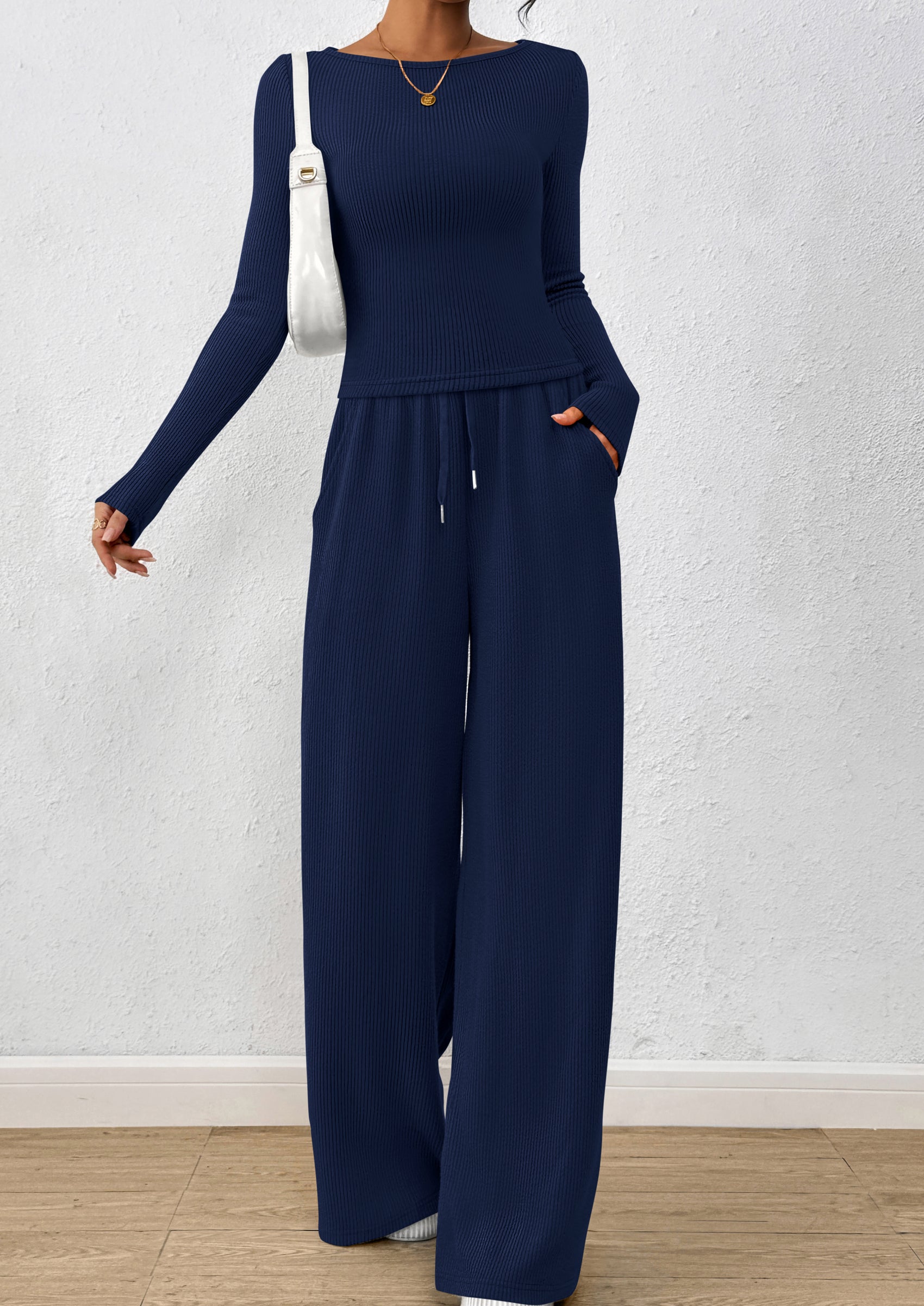PRETTYGARDEN Women's 2 Piece Lounge Sets Fall Fashion Long Sleeve Crop Top Wide Leg Pants Matching Sets Clothing