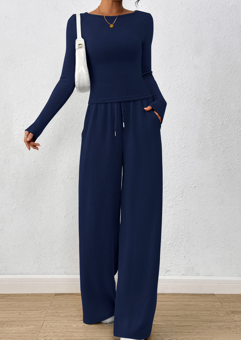PRETTYGARDEN Women's 2 Piece Lounge Sets Fall Fashion Long Sleeve Crop Top Wide Leg Pants Matching Sets Clothing