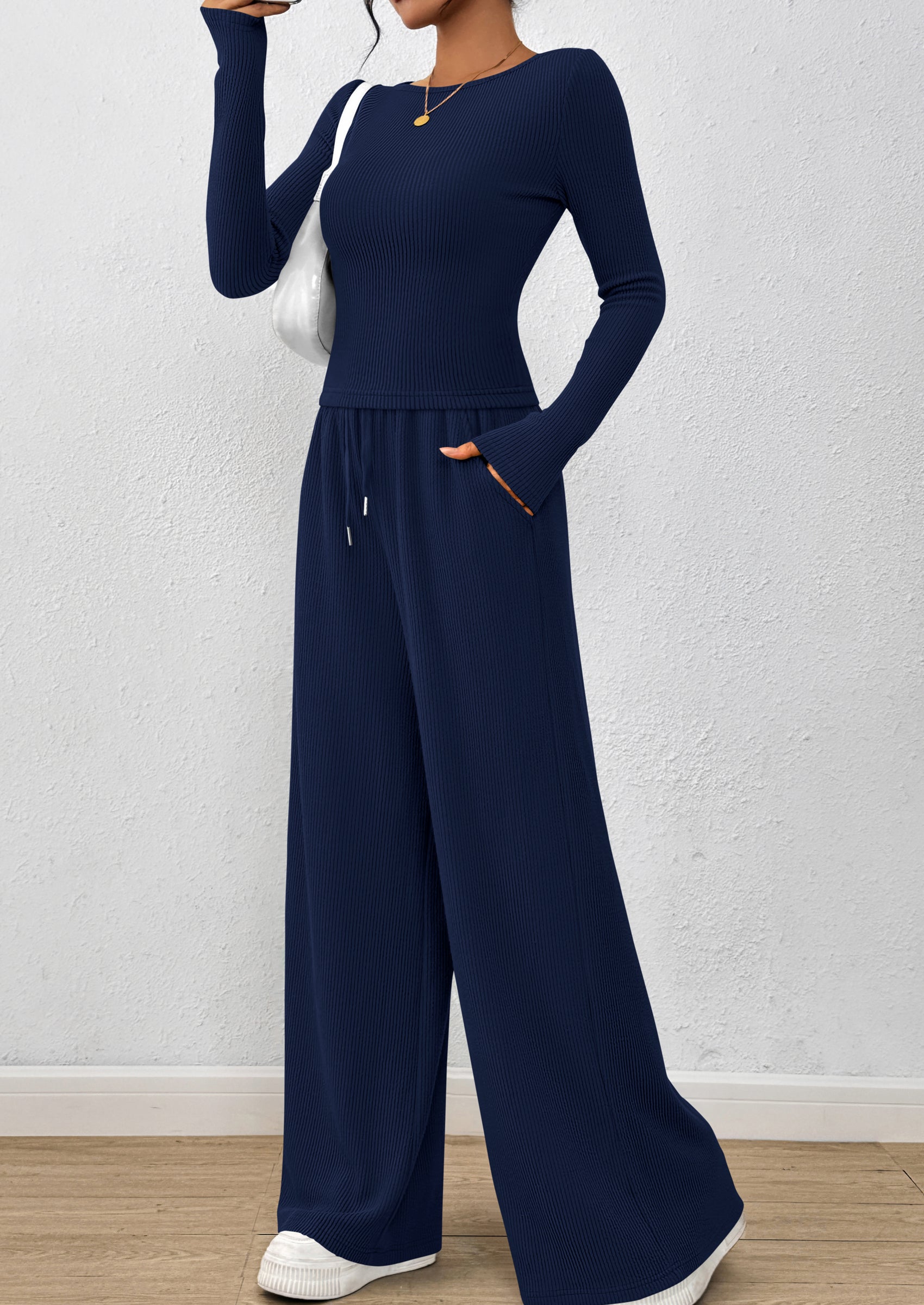 PRETTYGARDEN Women's 2 Piece Lounge Sets Fall Fashion Long Sleeve Crop Top Wide Leg Pants Matching Sets Clothing