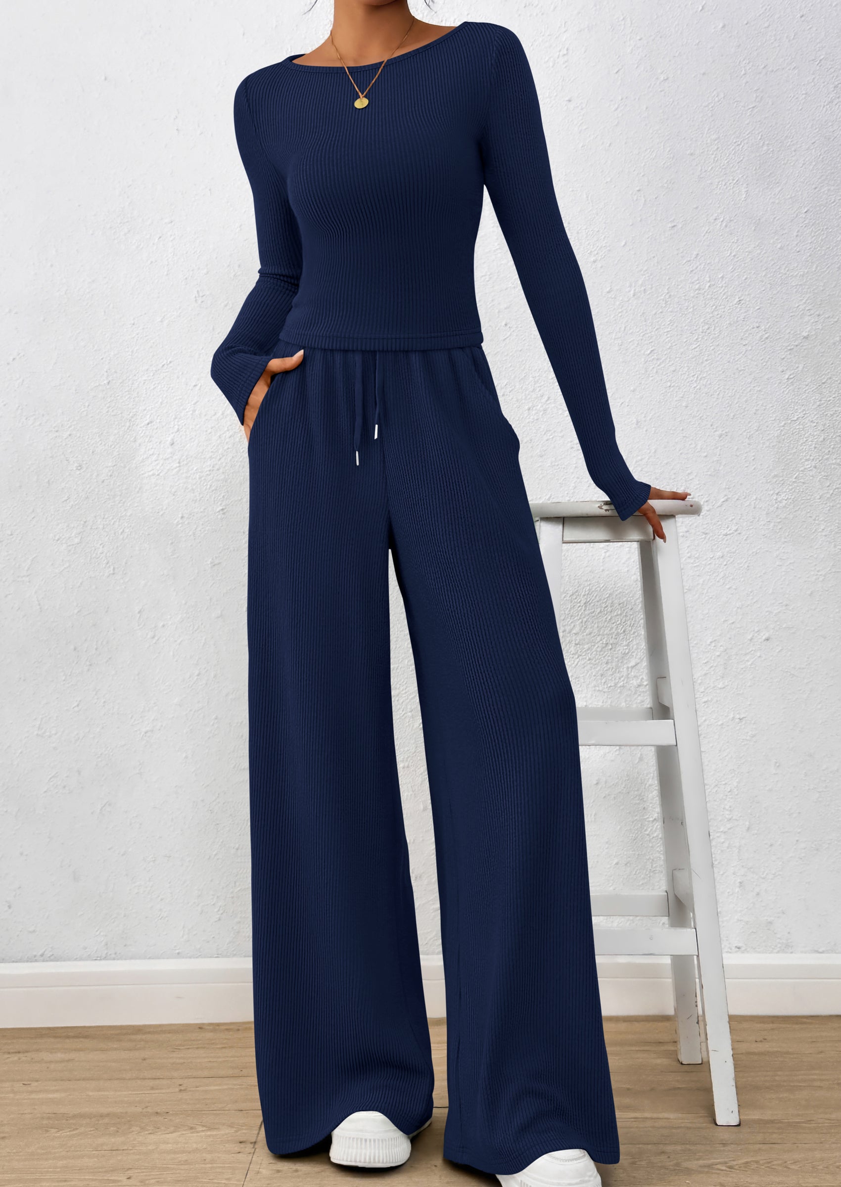 PRETTYGARDEN Women's 2 Piece Lounge Sets Fall Fashion Long Sleeve Crop Top Wide Leg Pants Matching Sets Clothing