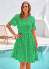 PRETTYGARDEN Women's Short Sleeve Mini Dress Summer V Neck Hollow Out Eyelet Ruffle A Line Swing Short Dresses
