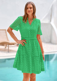 PRETTYGARDEN Women's Short Sleeve Mini Dress Summer V Neck Hollow Out Eyelet Ruffle A Line Swing Short Dresses
