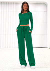 PRETTYGARDEN Women's Fall Trendy 2 Piece Outfits Lounge Sets Long Sleeve Top Henley Shirts Wide Leg Pants Travel Clothes