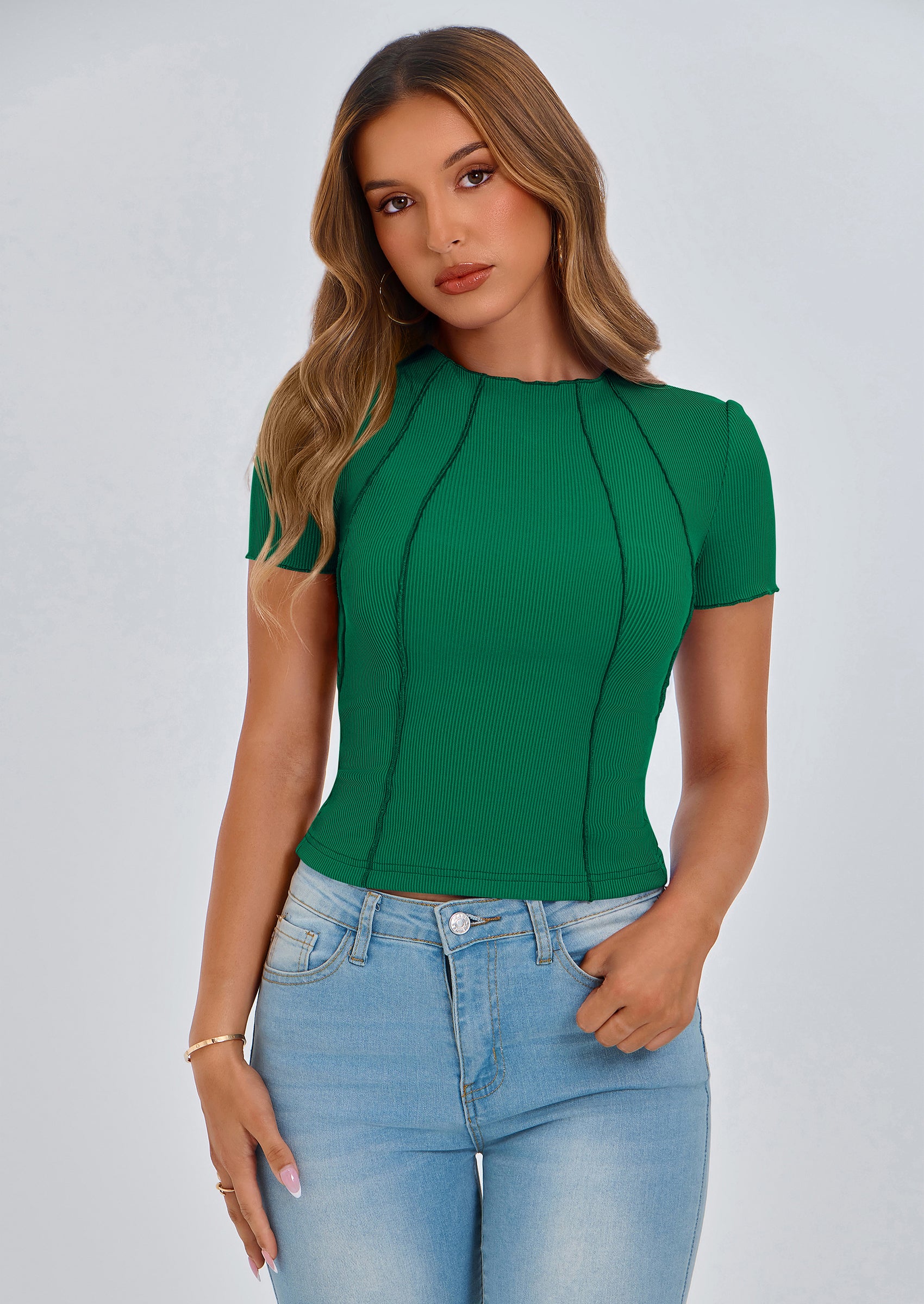 KIRUNDO Ribbed Short Sleeve Tops for Women Summer Casual Crew Neck Cute Crop Basic Tees Slim Fit Exposed Seams T Shirts