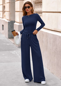 PRETTYGARDEN Women's 2 Piece Lounge Sets Fall Fashion Long Sleeve Crop Top Wide Leg Pants Matching Sets Clothing