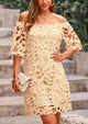 Off Shoulder Vintage Floral Lace Flare Short Sleeve Loose Elegant Mini Dresses