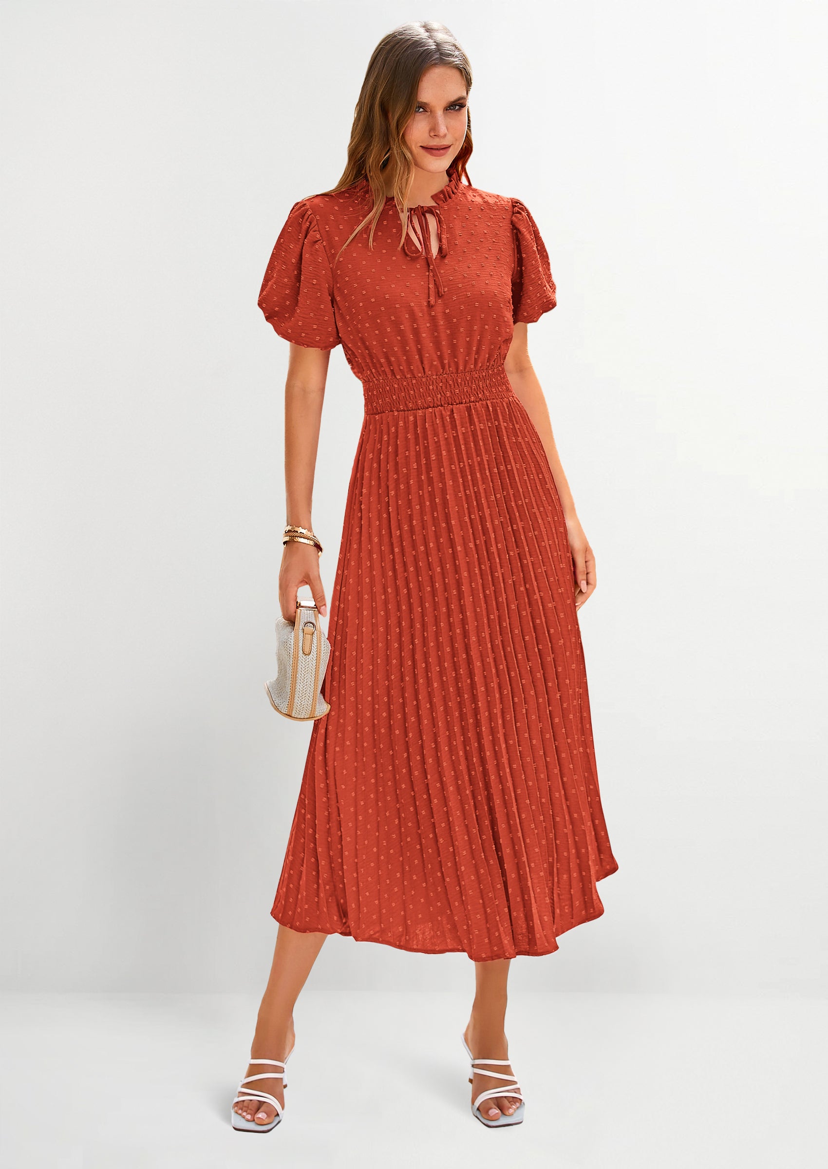 PRETTYGARDEN Womens Midi Dresses Puff Short Sleeve V Neck Swiss Dot Pl