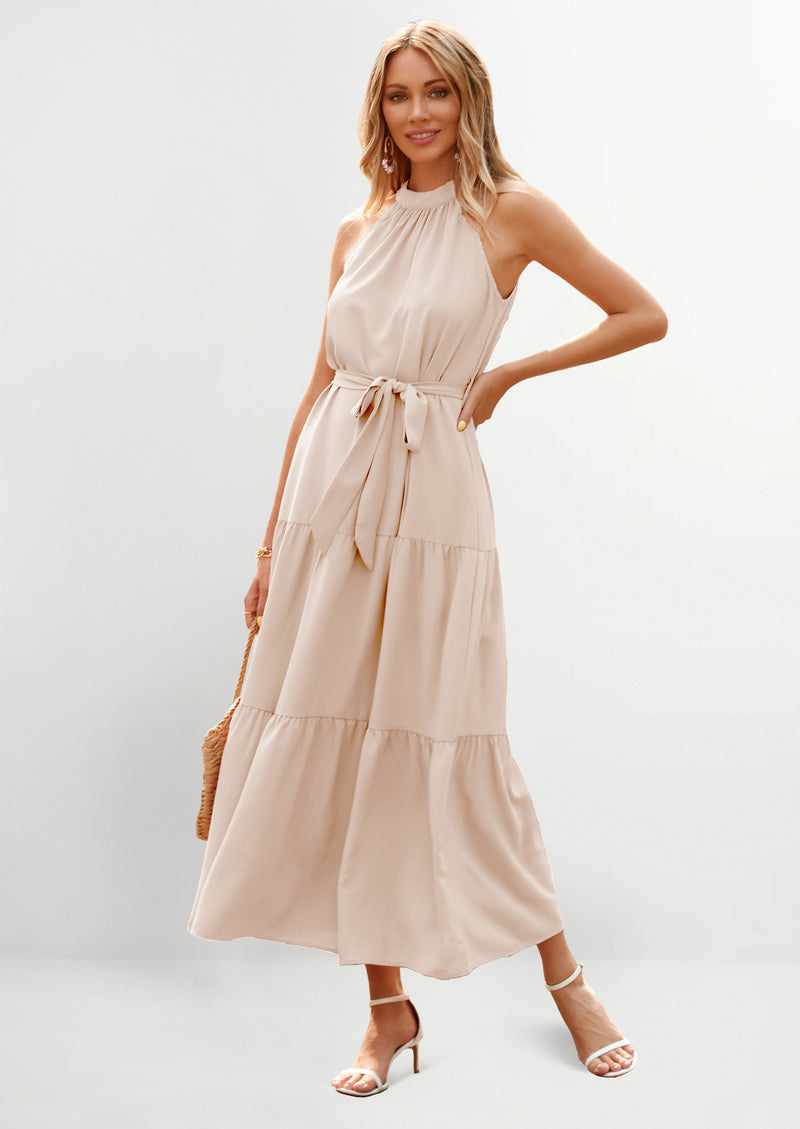 PRETTYGARDEN Women's Summer Floral Maxi Sun Dress Sleeveless Halter Neck Flowy Ruffle Hem Long Boho Dresses with Belt