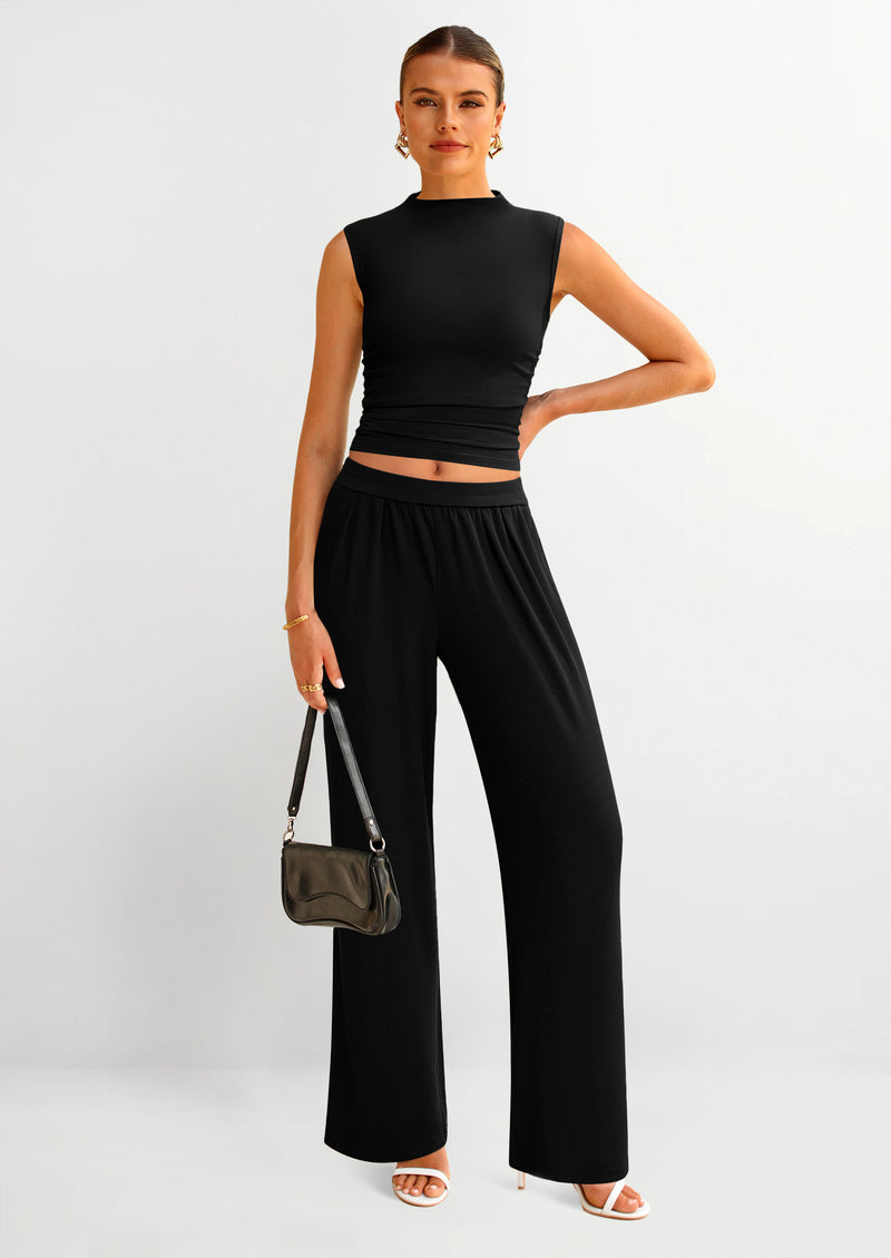 PRETTYGARDEN 2 Piece Sets for Women Summer Airport Travel Outfits Crop Tank Tops Wide Leg Pants Matching Lounge Sets