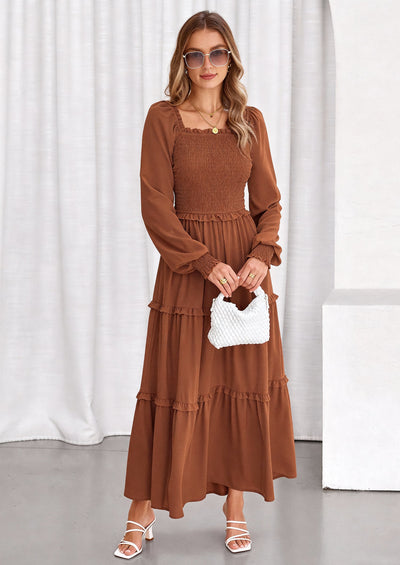 PRETTYGARDEN Fall Wedding Guest Dresses for Women Long Sleeve Square Neck Tiered A Line Modest Elegant Flowy Dresses PRETTYGARDEN