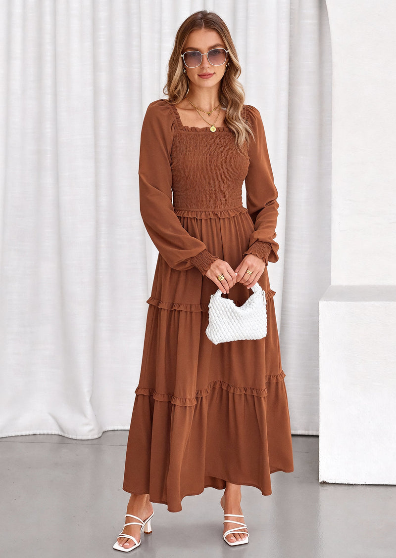 PRETTYGARDEN Fall Wedding Guest Dresses for Women Long Sleeve Square Neck Tiered A Line Modest Elegant Flowy Dresses PRETTYGARDEN