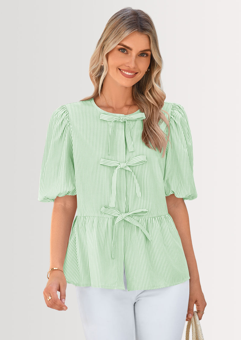 PRETTYGARDEN Women's Tie Front Striped Shirt Summer Trendy Fashion Cute Babydoll Tops Peplum Puffy Sleeve Blouse
