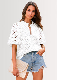 PRETTYGARDEN Women's Summer Short Sleeve Tops Dressy Casual Buttons V Neck Hollow Out Lace Embroidered Blouses Shirts