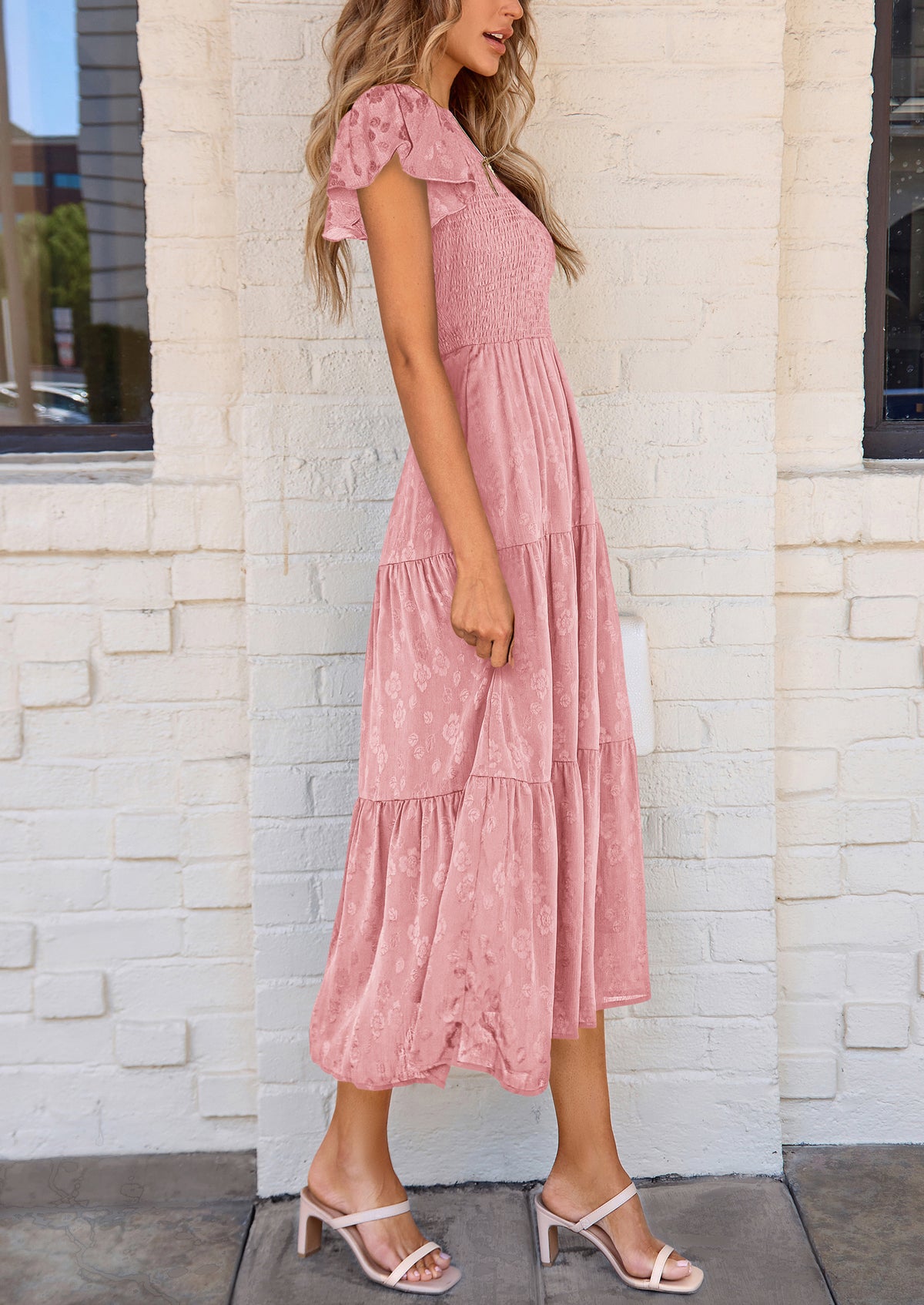 Floral  Summer Cap Sleeve Smocked Ruffle A Line Long Flowy Wedding Guest Midi Dresses