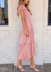 Floral  Summer Cap Sleeve Smocked Ruffle A Line Long Flowy Wedding Guest Midi Dresses
