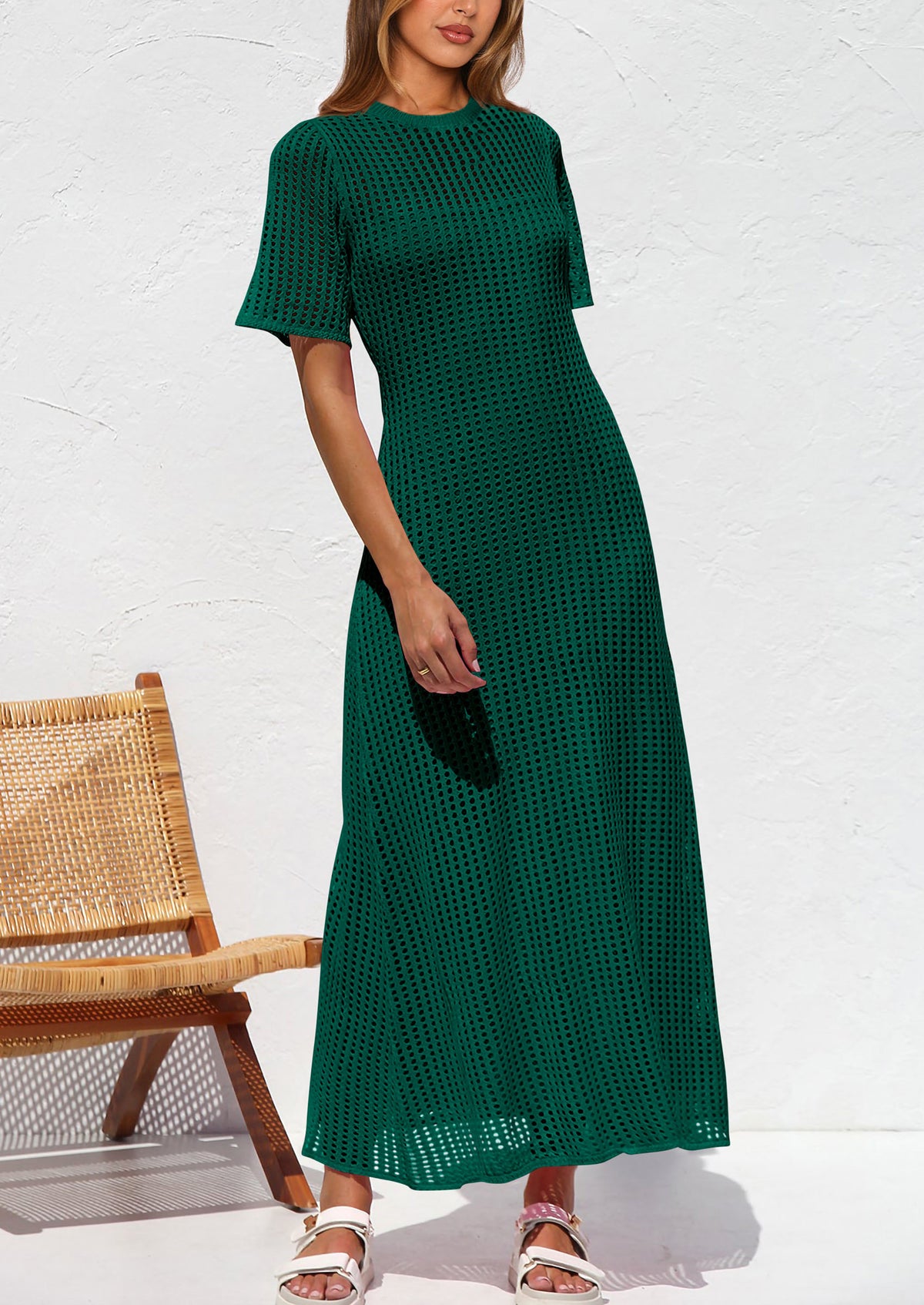 Eyelet Beach Vacation Resort Short Sleeve Hollow Out Dress Cover Up Maxi Dresses