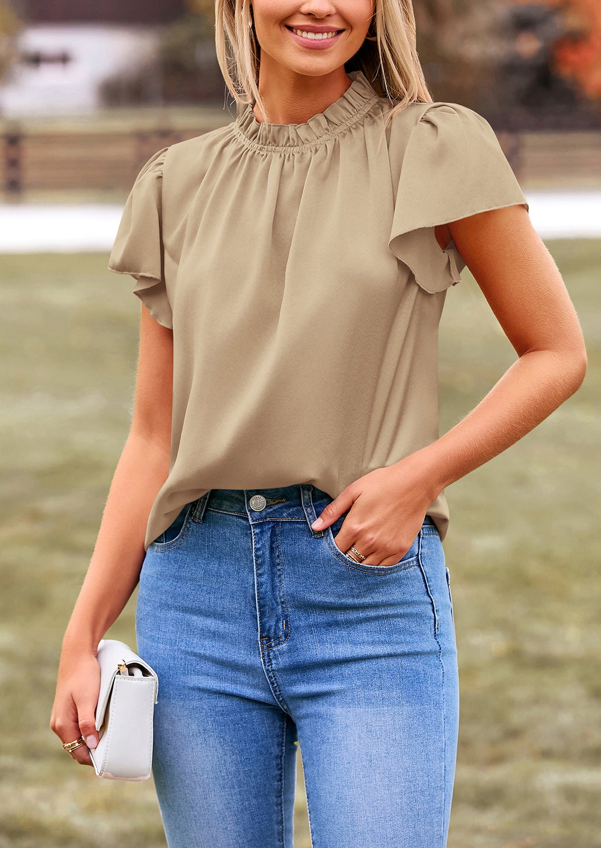 Satin Dressy Casual Ruffle Short Sleeve Crew Neck Work Party Blouses