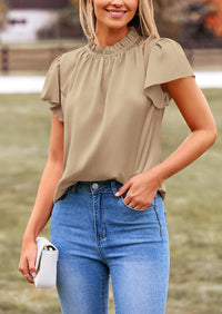 Satin Dressy Casual Ruffle Short Sleeve Crew Neck Work Party Blouses