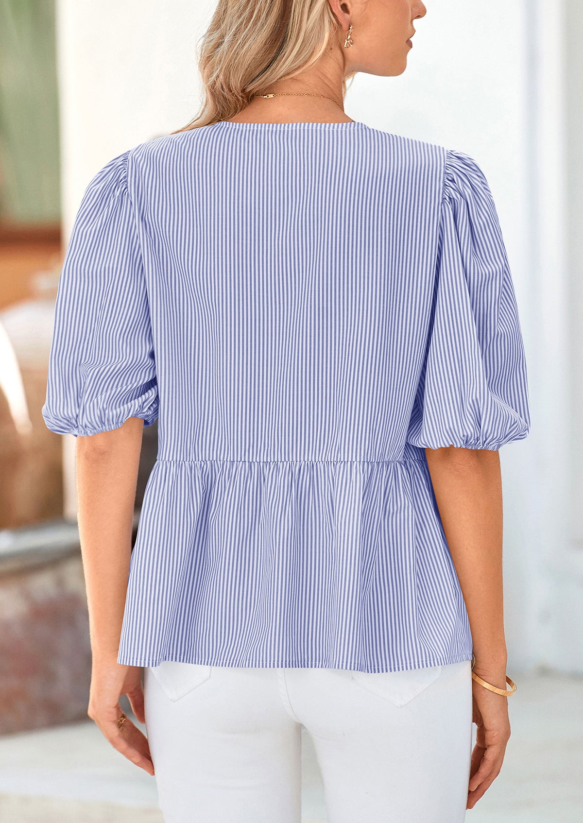 Striped Round Neck Front, Lace Up Bubble Sleeves Tops