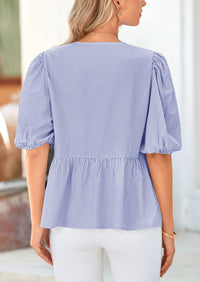 Striped Round Neck Front, Lace Up Bubble Sleeves Tops