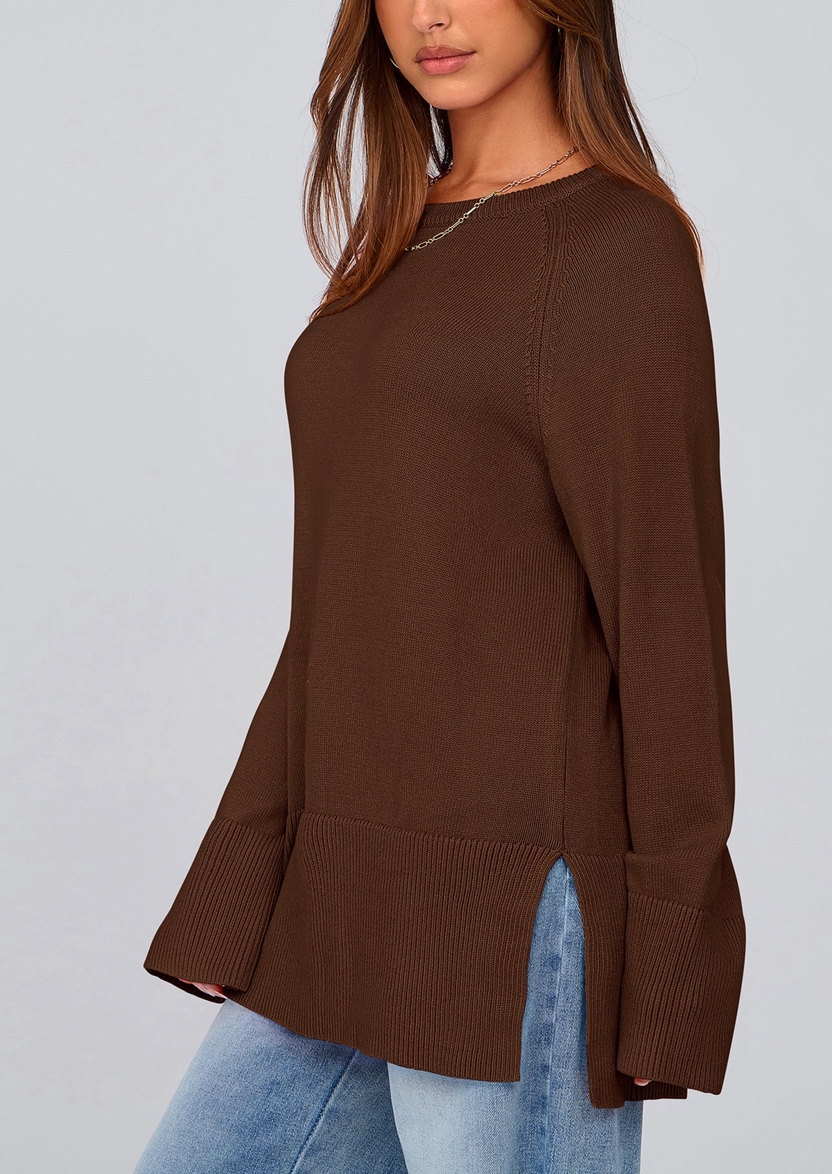 Knit Long Sleeve Crew Neck Split Hem Loose Oversized Tunic Sweaters