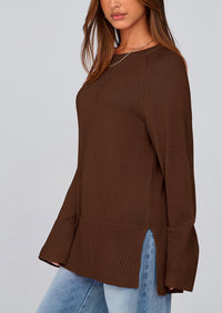 Knit Long Sleeve Crew Neck Split Hem Loose Oversized Tunic Sweaters