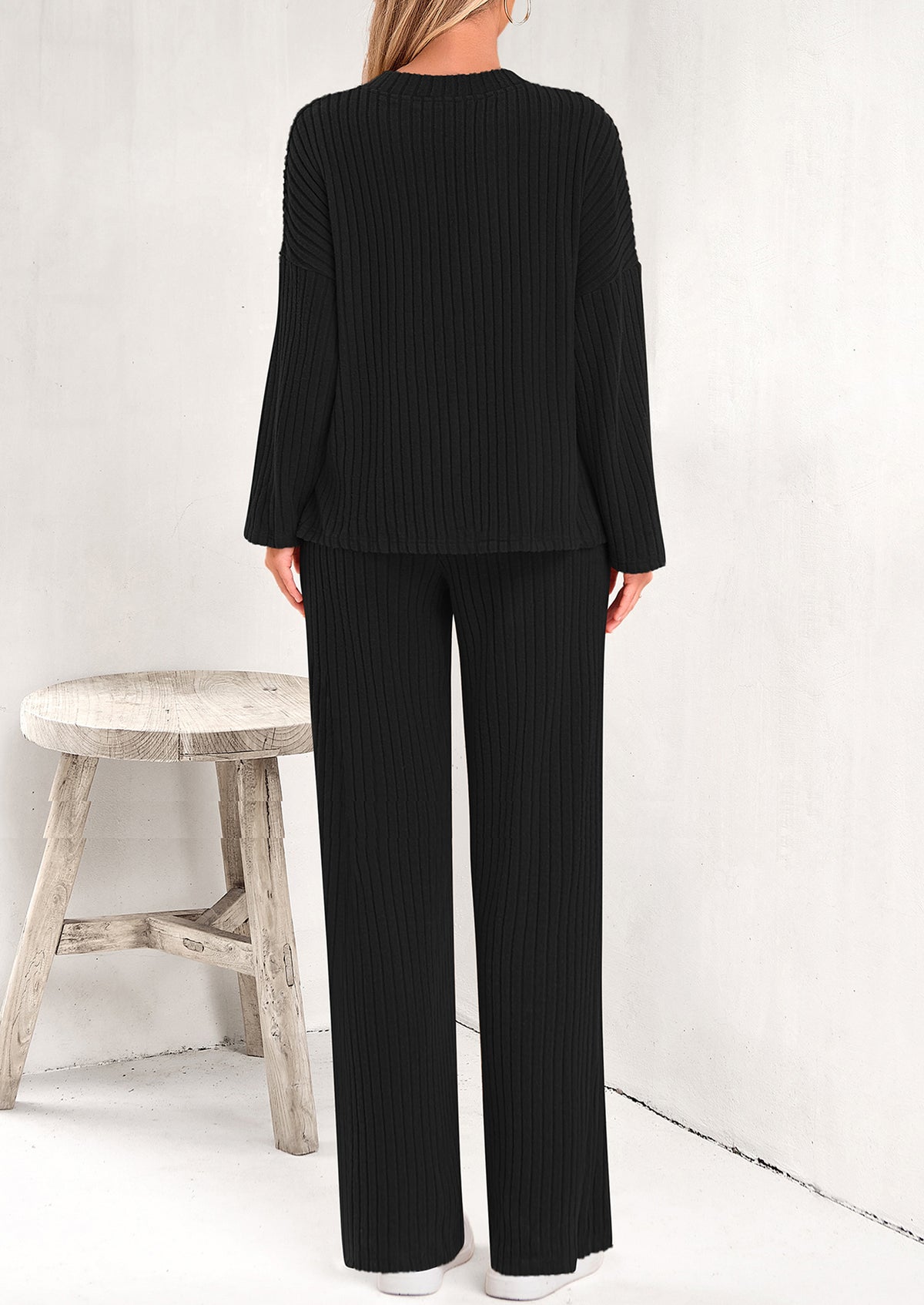Knitted Long Sleeved V-Neck Pullover, Wide Leg Long Pants Two-Piece Set