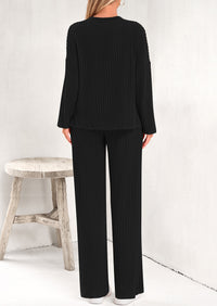 Knitted Long Sleeved V-Neck Pullover, Wide Leg Long Pants Two-Piece Set
