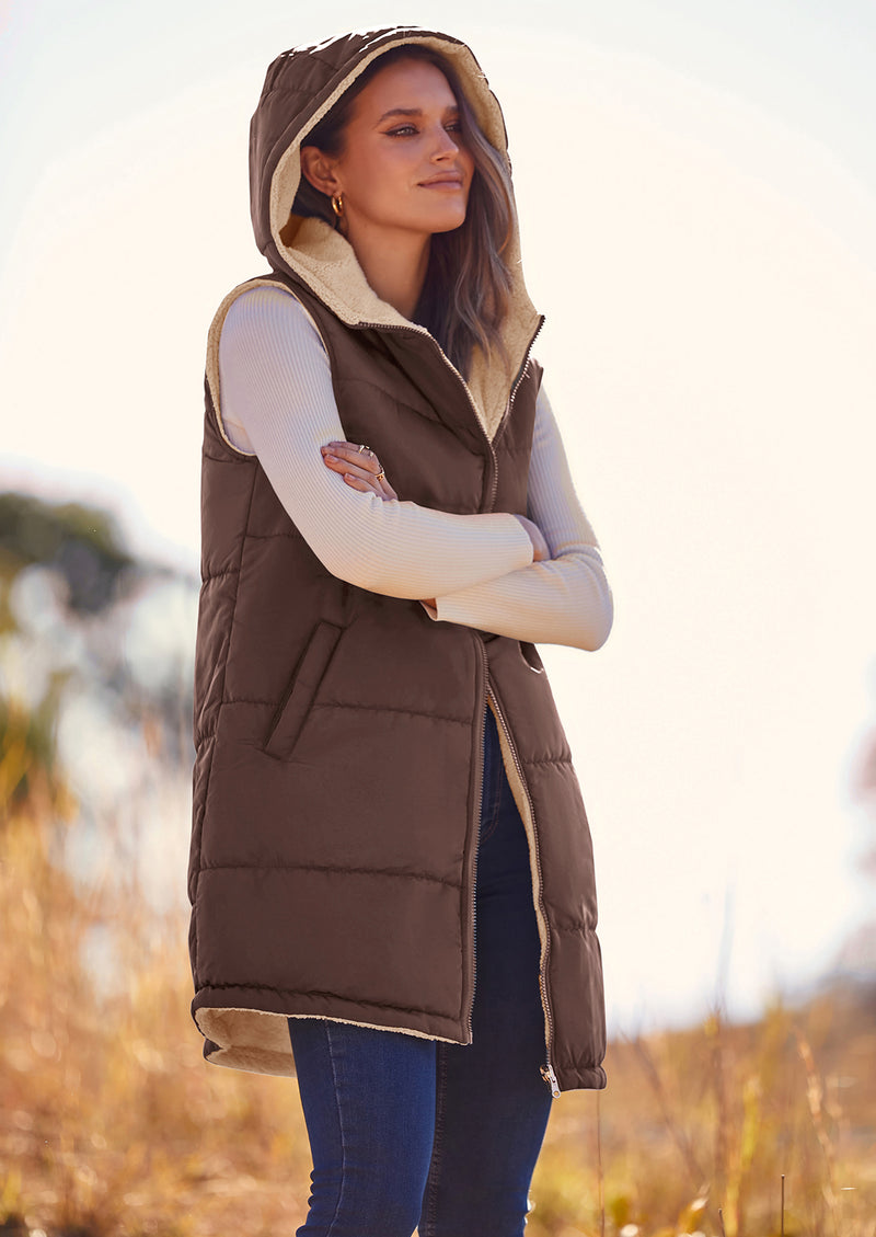 PRETTYGARDEN Womens Fall Reversible Vests Sleeveless Fleece Jacket Zip Up Hoodie Pockets Long Warm Winter Coat Outerwear