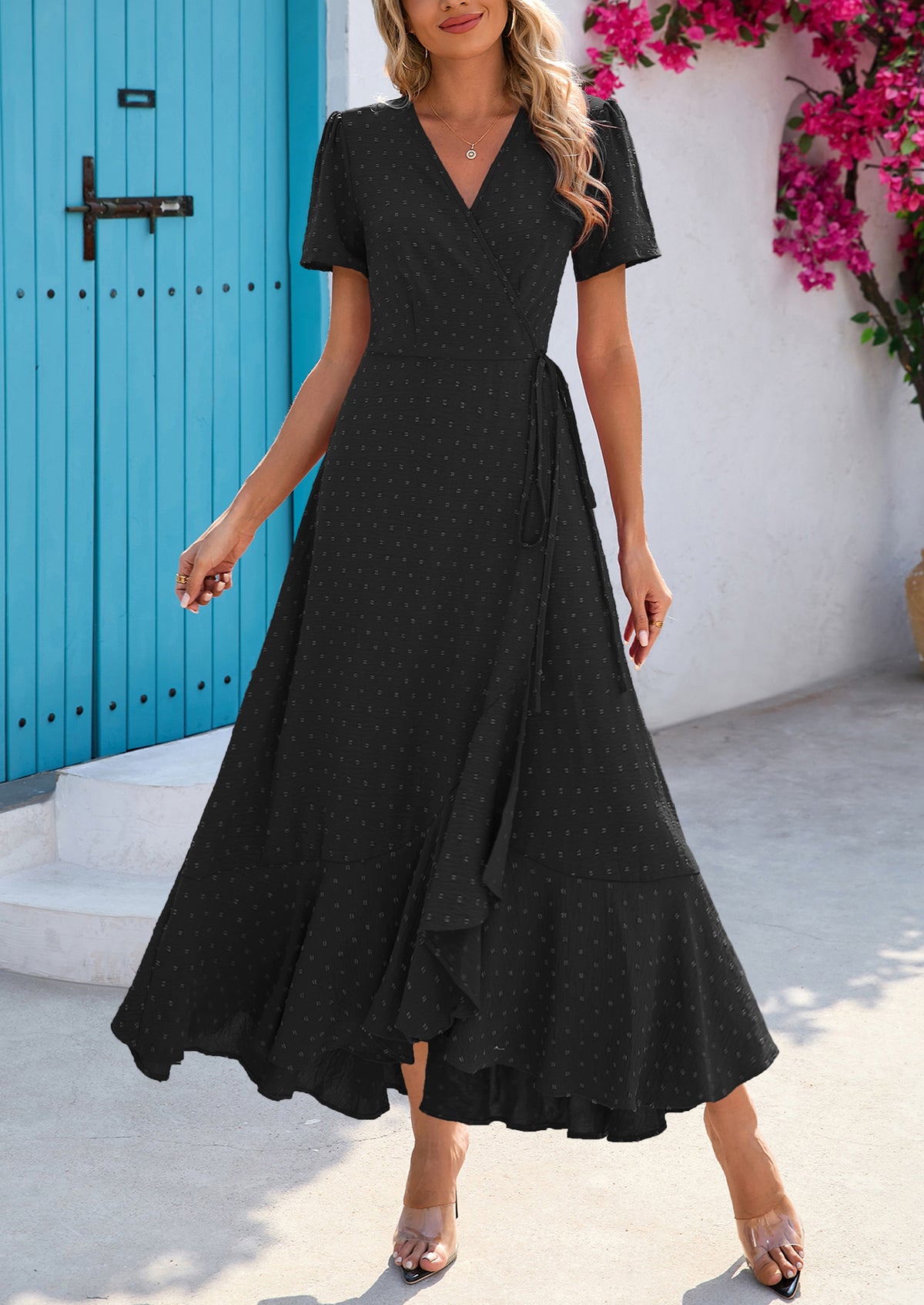 Leisure Bohemian Flower V-Neck Short Sleeved Ruffled Beach Long Skirt