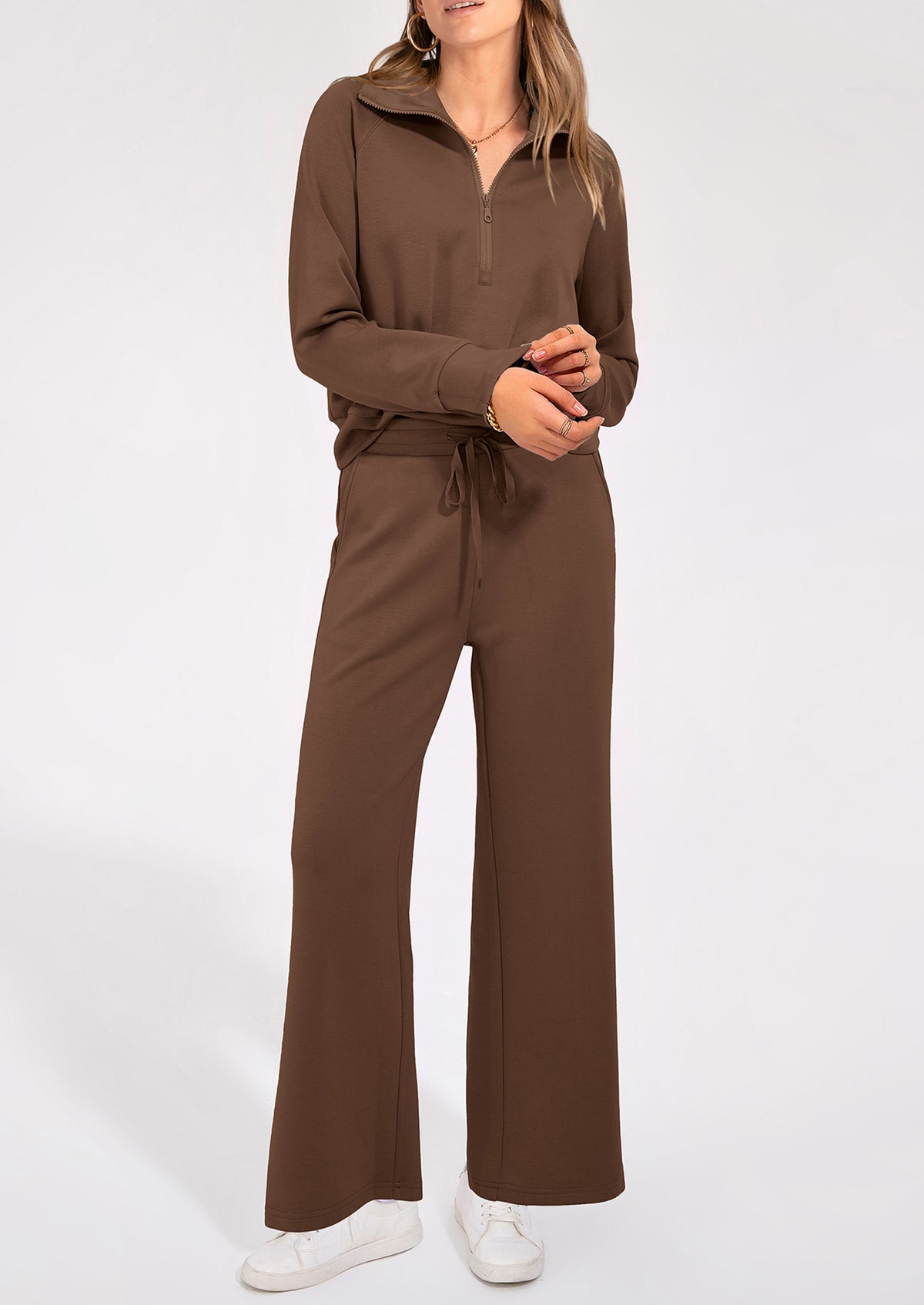 Flip Collar Half Zip Top And Wide Leg Pants Casual Two-Piece Set