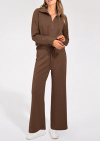 Flip Collar Half Zip Top And Wide Leg Pants Casual Two-Piece Set