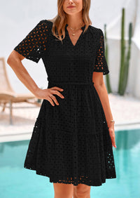 Short Sleeve V Neck Hollow Out Eyelet Ruffle A Line Swing Mini Dress
