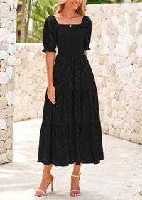 Casual Square Neck Short Sleeve Smocked A Line Floral Flowy Elegant Boho Midi Dresses
