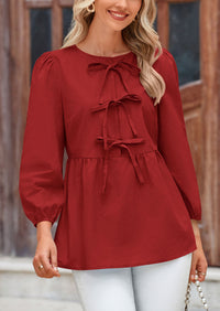 Babydoll Trendy 3/4 Length Puff Sleeve Bow Tie Front Cute Peplum Blouses