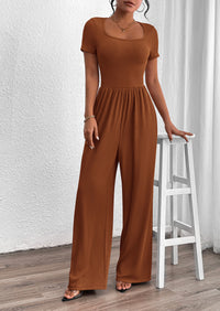 Casual Short Sleeve Square Neck Wide Leg Jumpsuits