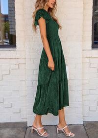 Floral  Summer Cap Sleeve Smocked Ruffle A Line Long Flowy Wedding Guest Midi Dresses