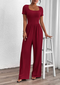 Casual Short Sleeve Square Neck Wide Leg Jumpsuits