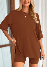 Casual Short Sleeved Round Neck Top Paired With Shorts Two-Piece Set