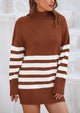 Striped Turtleneck Long Sleeve Loose Fit Chunky Knit Casual Mini Sweater Dresses