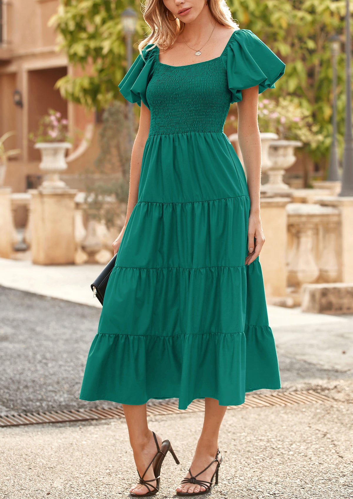 Casual Short Sleeved Square Neck Layered Pleated Dress