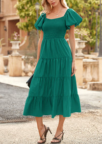Casual Short Sleeved Square Neck Layered Pleated Dress