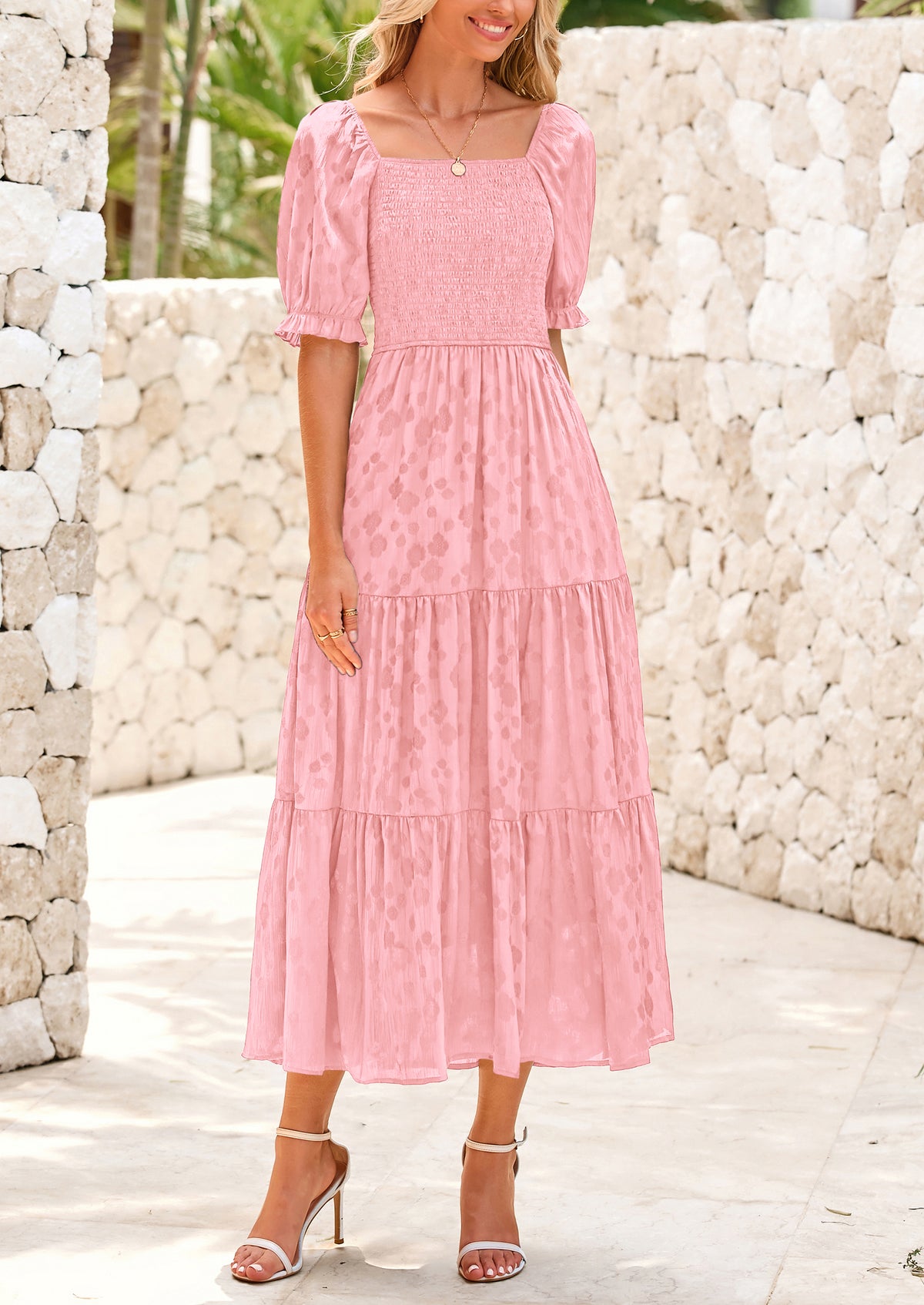 Casual Square Neck Short Sleeve Smocked A Line Floral Flowy Elegant Boho Midi Dresses